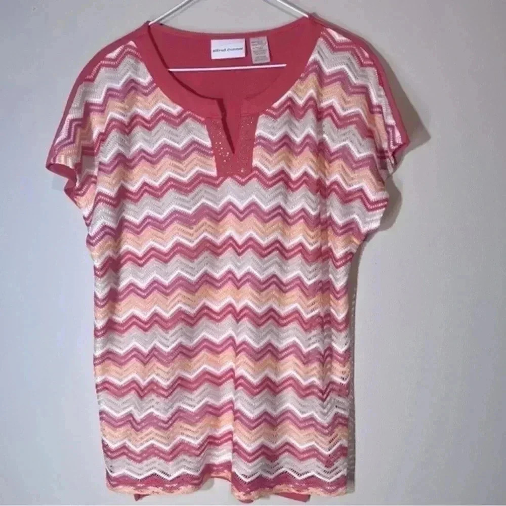 Alfred Dunner tops women's harvest fall orange chevron short sleeve knit size L